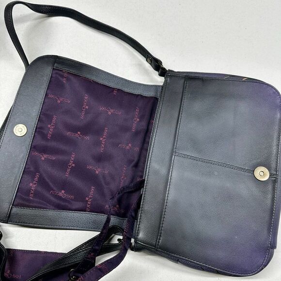 Anuschka Purple Black Floral Hand Painted Leather Crossbody Bag + Card Holder - Picture 8 of 15